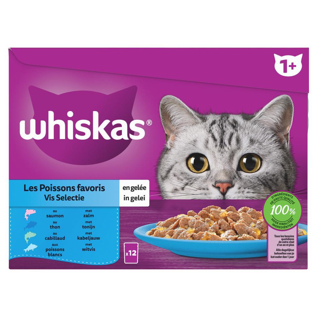 WHISKAS Sachets fraîcheur Les Poissons favoris en gelée pour chat adulte 4 variétés 12x85g