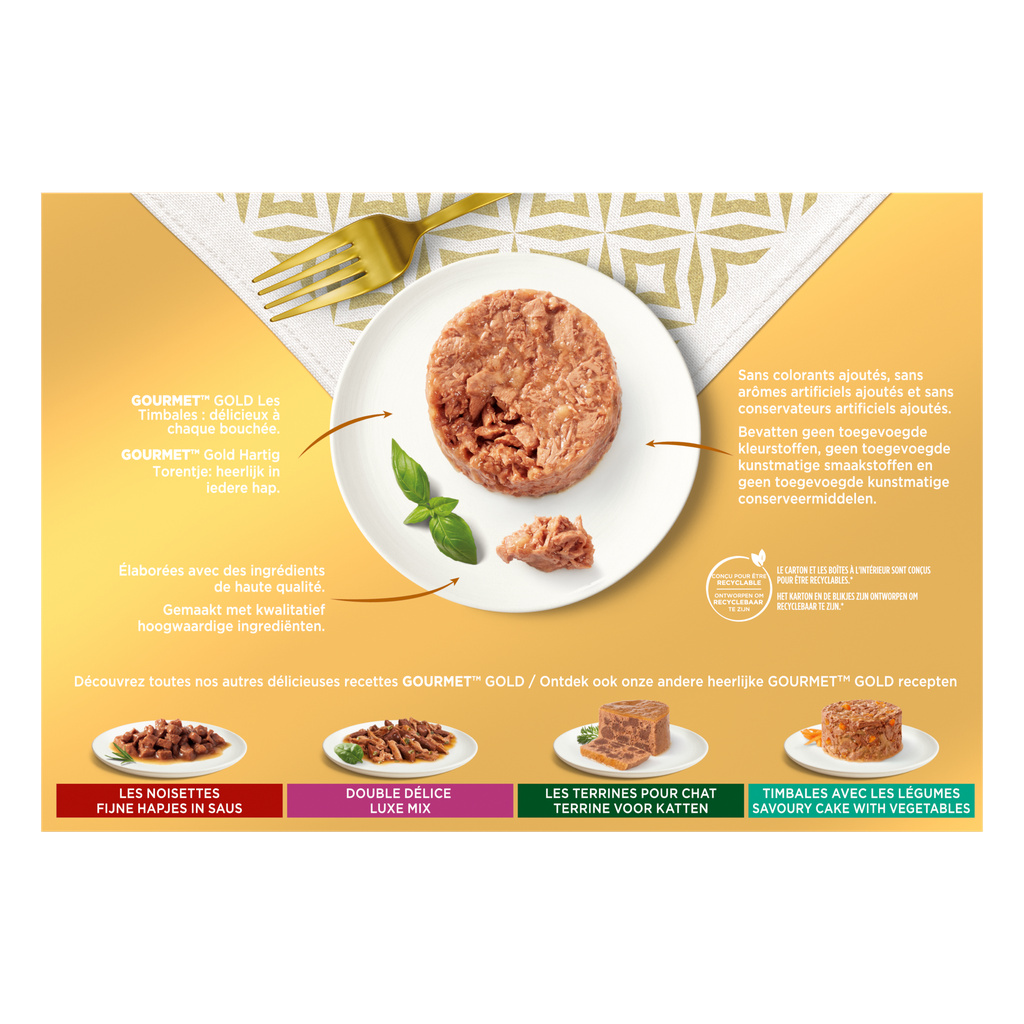 GOURMET Gold Les Timbales au Bœuf, au Poulet, au Saumon, au Thon, aliment complet pour chats adultes, émincés en sauce, Boîtes de 85g