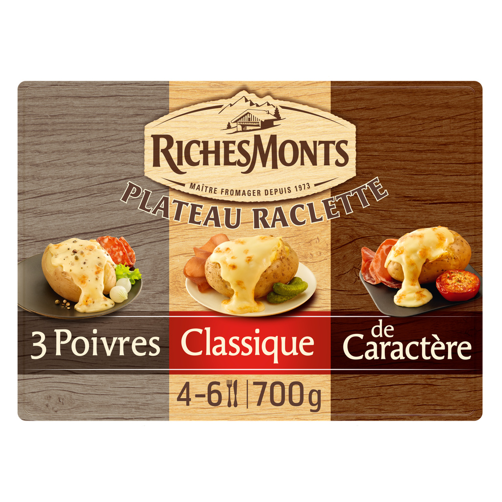 RICHES MONTS PLATEAU RACLETTE ASSORTIMENT 3 VARIÉTÉS (POIVRE, CLASSIQUE, CARACTERE) TRANCHETTES 700G