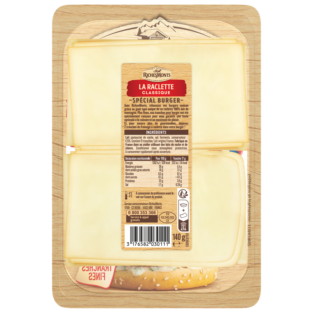 RICHES MONTS TRANCHES RACLETTE NATURE POUR BURGER 140G