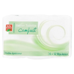 [08465] Papier toilette 2 plis Blanc compact Belle France 6 RLX = 12 RLX - 100% Pure ouate de cellulose