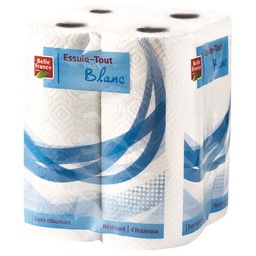 [08483] Essuie-tout Belle France 4x48 Feuilles 2 Plis blanc 100% pure ouate de cellulose