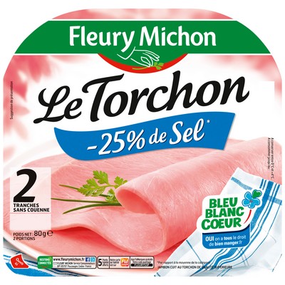[03838] 2 tr. Jambon LE TORCHON Cuisiné au bouillon, - 25 % de Sel