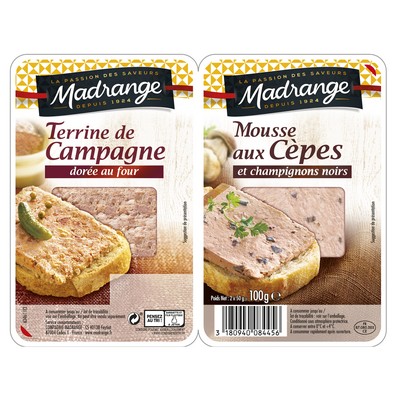 [26390] TERRINE DE CAMPAGNE DOREE AU FOUR ET MOUSSE AUX CEPES ET CHAMPIGNONS NOIRS 2X50G MADRANGE