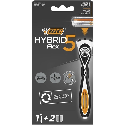 [31831] BIC Hybrid 5 Flex. Refillable Razor for Men. Handle and 5 Nanotech Titanium-Coated Blades Refills - Pack of 1+2