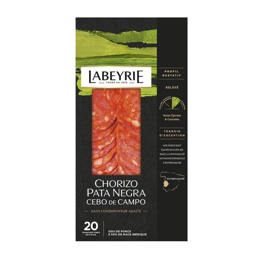 [44509] Chorizo PATA NEGRA Cebo de campo 60g, environ 20 tranches fines, Labeyrie