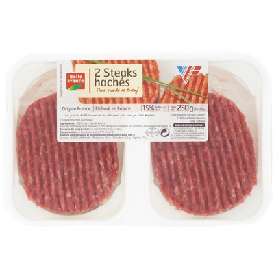 [59315] STEAK HACHE PUR BOEUF 15% MG X 2 BF BARQUETTE 250G