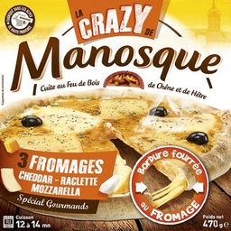 [21590] Pizza aux fromages (cheddar, raclette, mozzarella) avec un bord fourré au fromage fondu, cuite au feu de bois surgelée