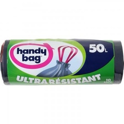 [02161] Sacs poubelle poignées coulissantes Ultra Résistant 50L x10, 100% plastique recyclé, Handy Bag