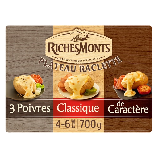 [17469] RICHES MONTS PLATEAU RACLETTE ASSORTIMENT 3 VARIÉTÉS (POIVRE, CLASSIQUE, CARACTERE) TRANCHETTES 700G